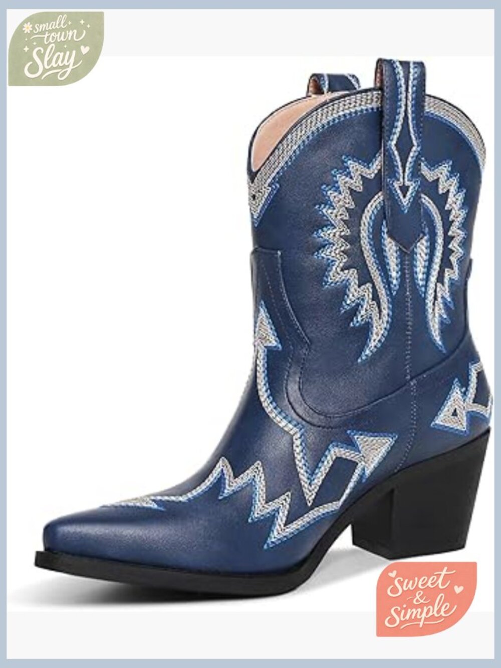 Metallic Embroidered Pointed Toe Cowgirl Boots Chunky Heel Pull-On Short Cowboy